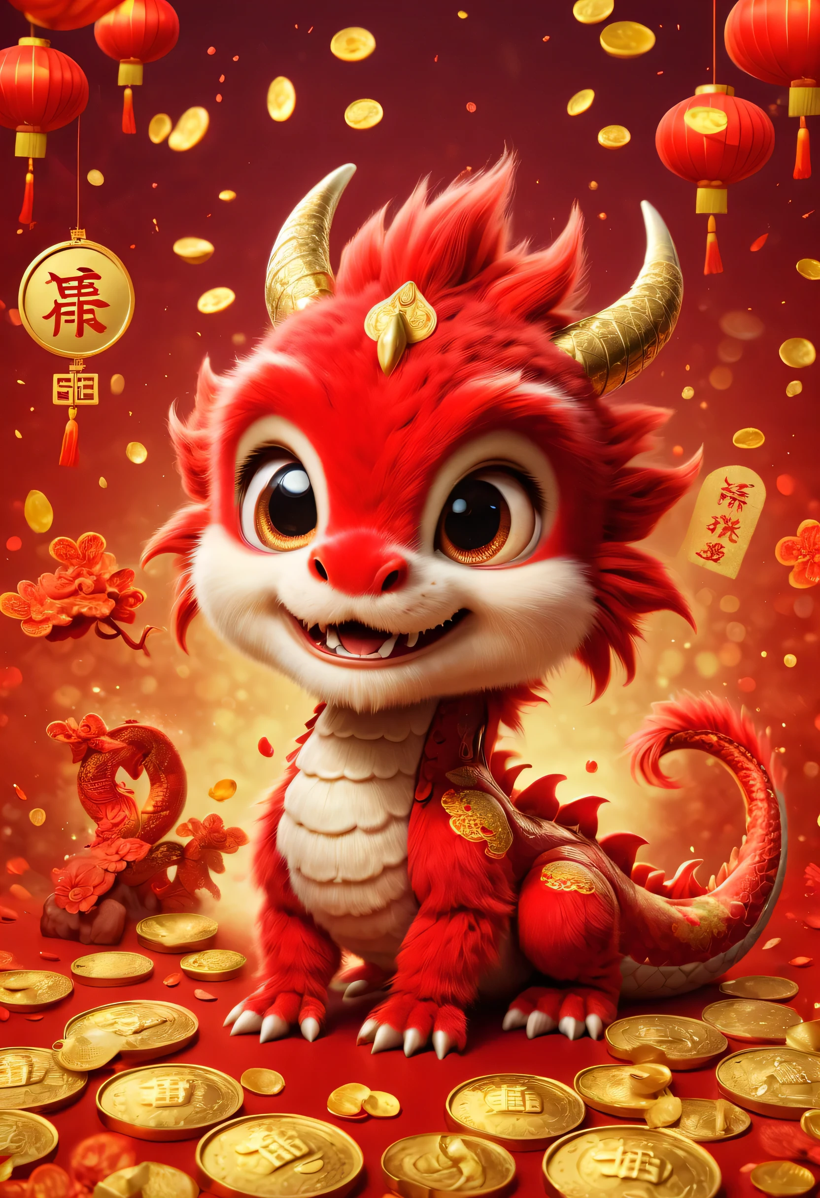 poster design：Chinese New Year is here，Cute little Chinese dragon is so happy，hairy，There are many gold coins in the air，red background blur，