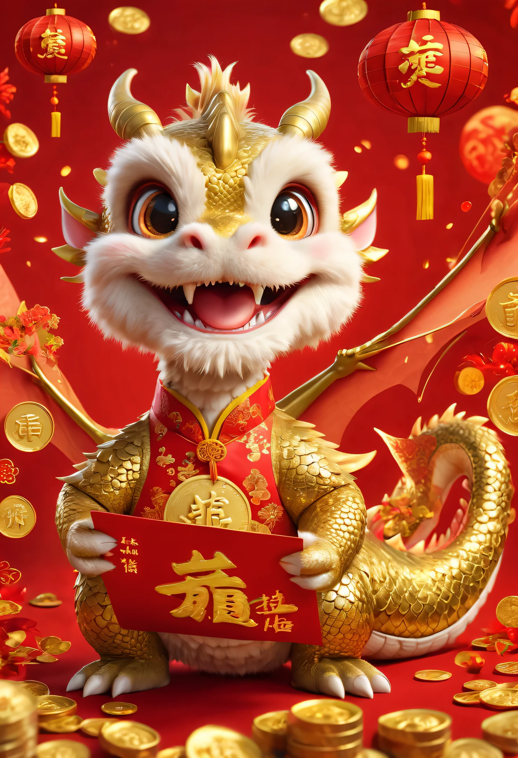 poster design：Chinese New Year is here，Cute little Chinese dragon is so happy，hairy，There are many gold coins in the air，red background blur，