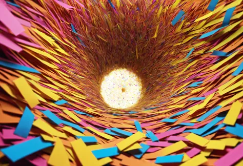 Colorful shredded paper resembles a butterfly spinning wildly in a vortex, sucked into a huge golden hole, fantasy,360-degree shooting
