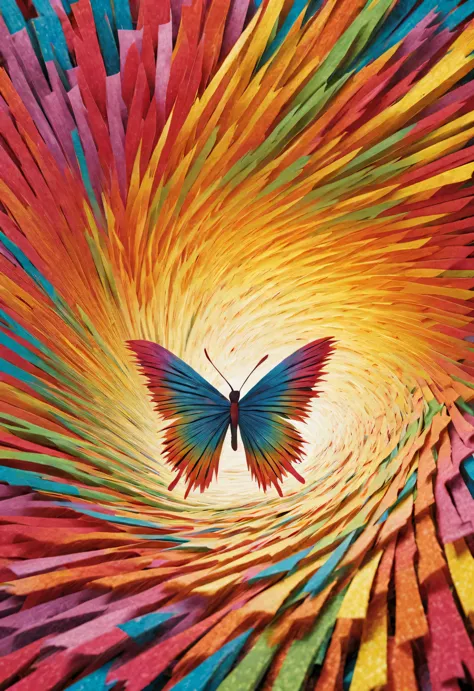 Colorful shredded paper resembles a butterfly spinning wildly in a vortex, sucked into a huge golden hole, fantasy,keith mallett style, beautiful details