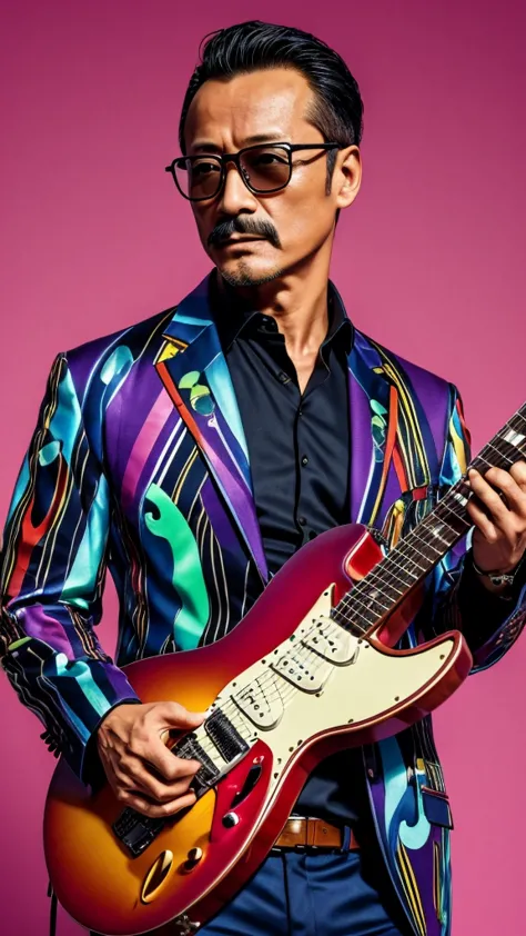 50 years old，Hidetoshi Nakata ，（Kogoro Mouri 1.3), tong, mustache，little beard,  ray ban glasses, playing guitar, nice colourful...