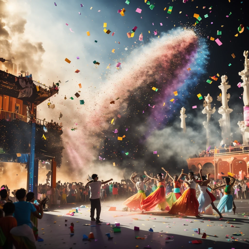 In a grand celebration, people gathered together and danced to the music. At the climax, colorful confetti falls from the sky, like a colorful rainbow rain, adding endless joy and celebration to the entire scene