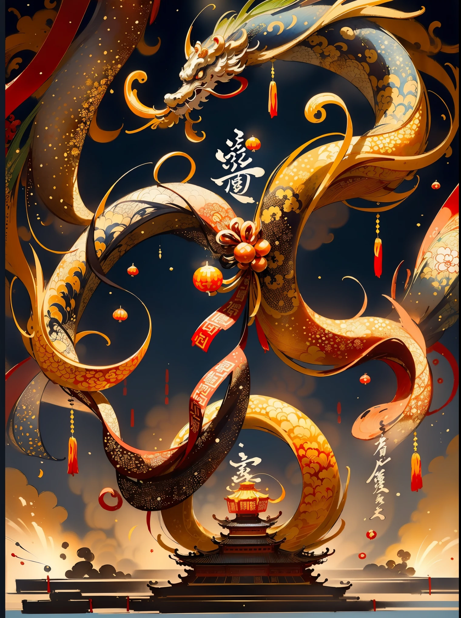 ((最好的质量)), ((高分辨率)), Song dynasty ink painting style, celebration of the New Year, fireworks, dynamic lines ，lively patterns，ancient wisdom, symbolic inscriptions or patterns，traditional Chinese New Year celebration