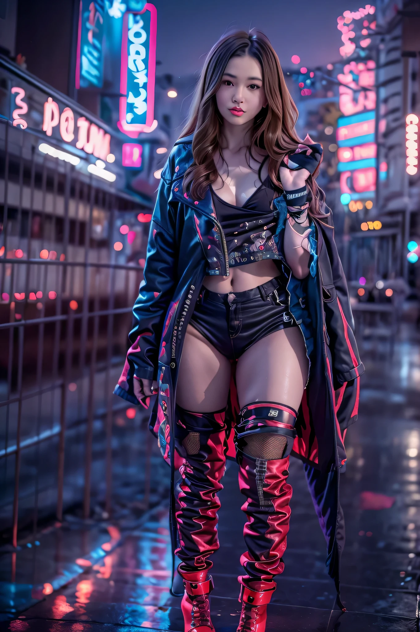 masutepiece, Dystopian city with neon signs and holograms projected on buildings and sky, Beautiful American woman with slim body shape, lip stick, Purple glasses, long straight red hair, Night, cyberpunk aesthetic, Highly detailed lighting, Dramatic, 8K, high-detail, Skin Texture, Realistic skin texture, armor, Best Quality, 超A high resolution, Photorealsitic, hight resolution, Detailed, Raw photo
