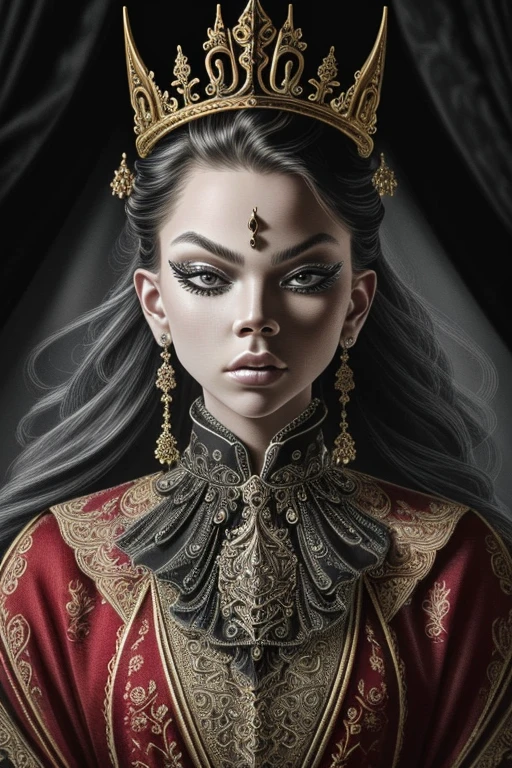 a close up symmetrical portrait of a evil queen, royalty villain, mshn queen, Jordyn Jones, splashes of red black, hyper realistic, intricate design, (insanely detailed:1.4), (extremely fine details:1.35), Extremely sharp lines, steel, cinematic lighting, Photorealistic, a detailed painting by Ayami Kojima and Lilia Alvarado, (best quality, high quality, absurdres, intricate detail, masterpiece, cinematic), highly detailed, motion blur, film grain, noise, lens effects,