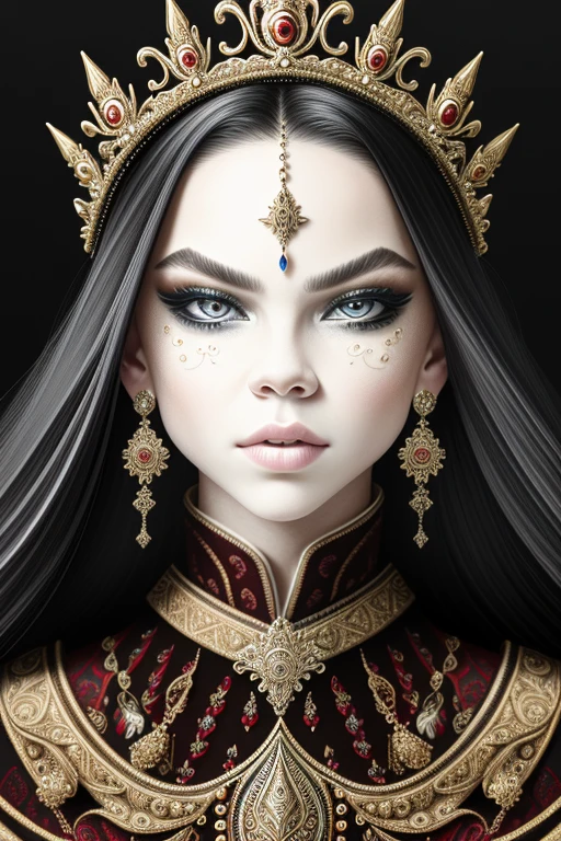 a close up symmetrical portrait of a evil queen, royalty villain, mshn queen, Jordyn Jones, splashes of red black, hyper realistic, intricate design, (insanely detailed:1.4), (extremely fine details:1.35), Extremely sharp lines, steel, cinematic lighting, Photorealistic, a detailed painting by Ayami Kojima and Lilia Alvarado, (best quality, high quality, absurdres, intricate detail, masterpiece, cinematic), highly detailed, motion blur, film grain, noise, lens effects,