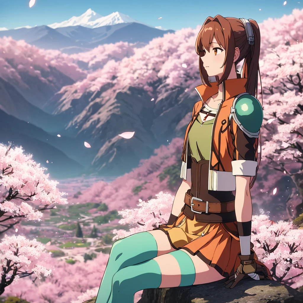 masterpiece, best quality, scEstelle, cropped jacket, green shoulder pad, tan shirt, orange skirt, belt, brown gloves, white thighhighs, mountainous horizon, cherry blossoms, petals, light particles, sitting