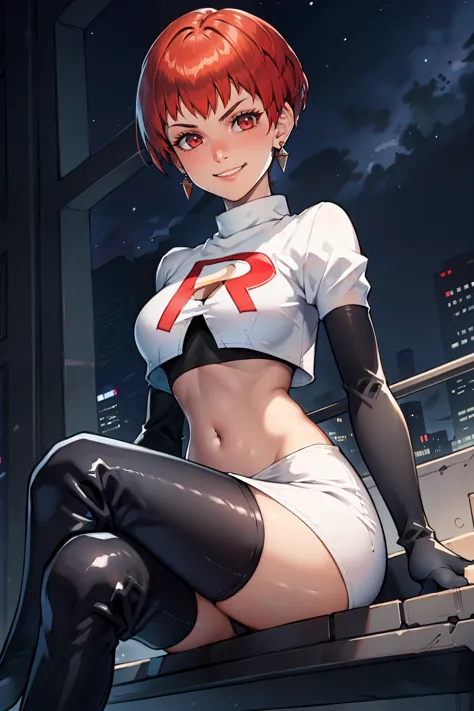 leonie pinelli, short hair ,earrings, glossy lips ,team rocket uniform, red letter r, white skirt,white crop top,black thigh-hig...