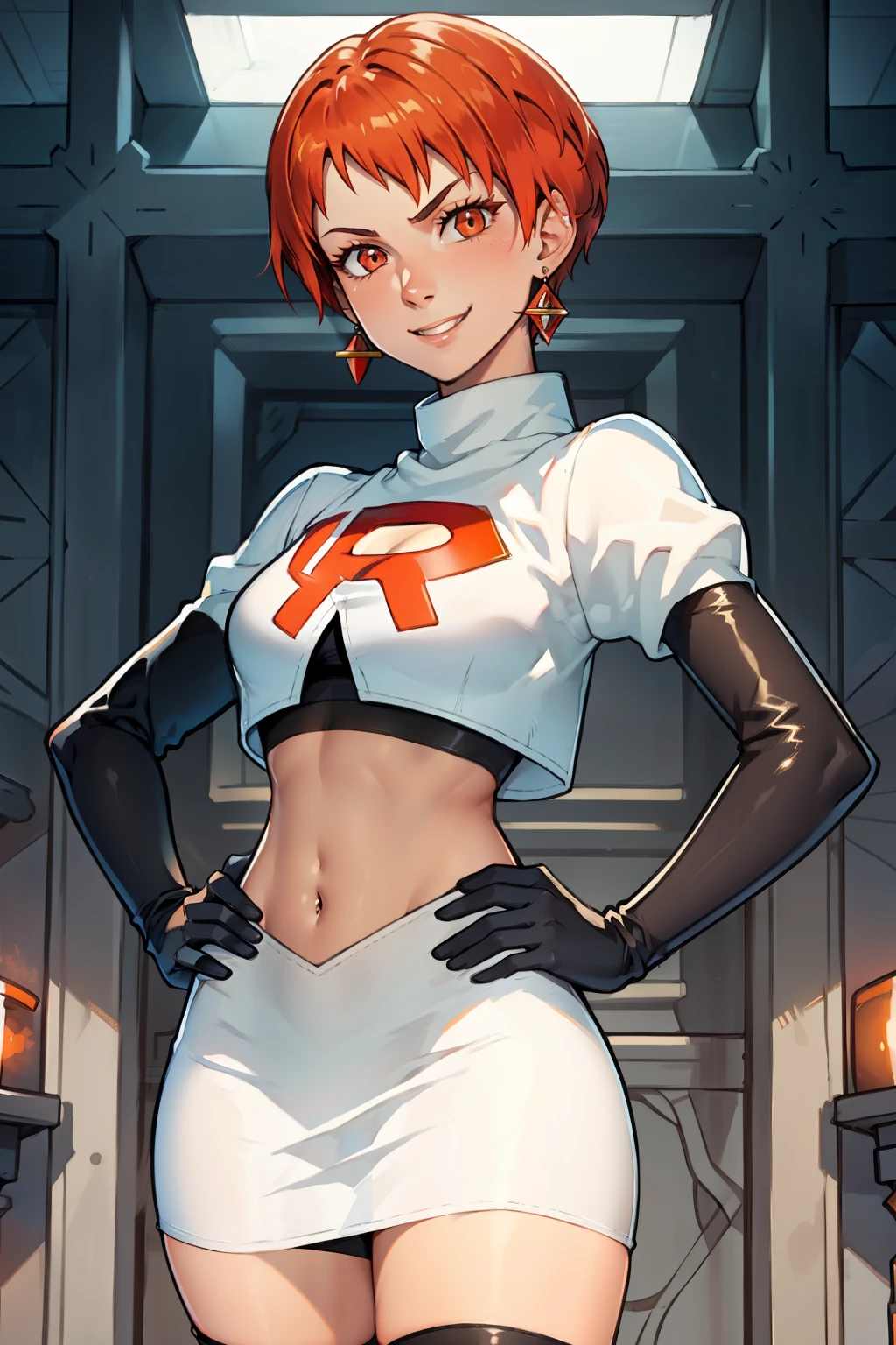 leonie pinelli, orange hair ,short hair ,earrings, glossy lips ,team rocket uniform, red letter R, white skirt,white crop top,black thigh-high boots, black elbow gloves, evil smile, hands on hips