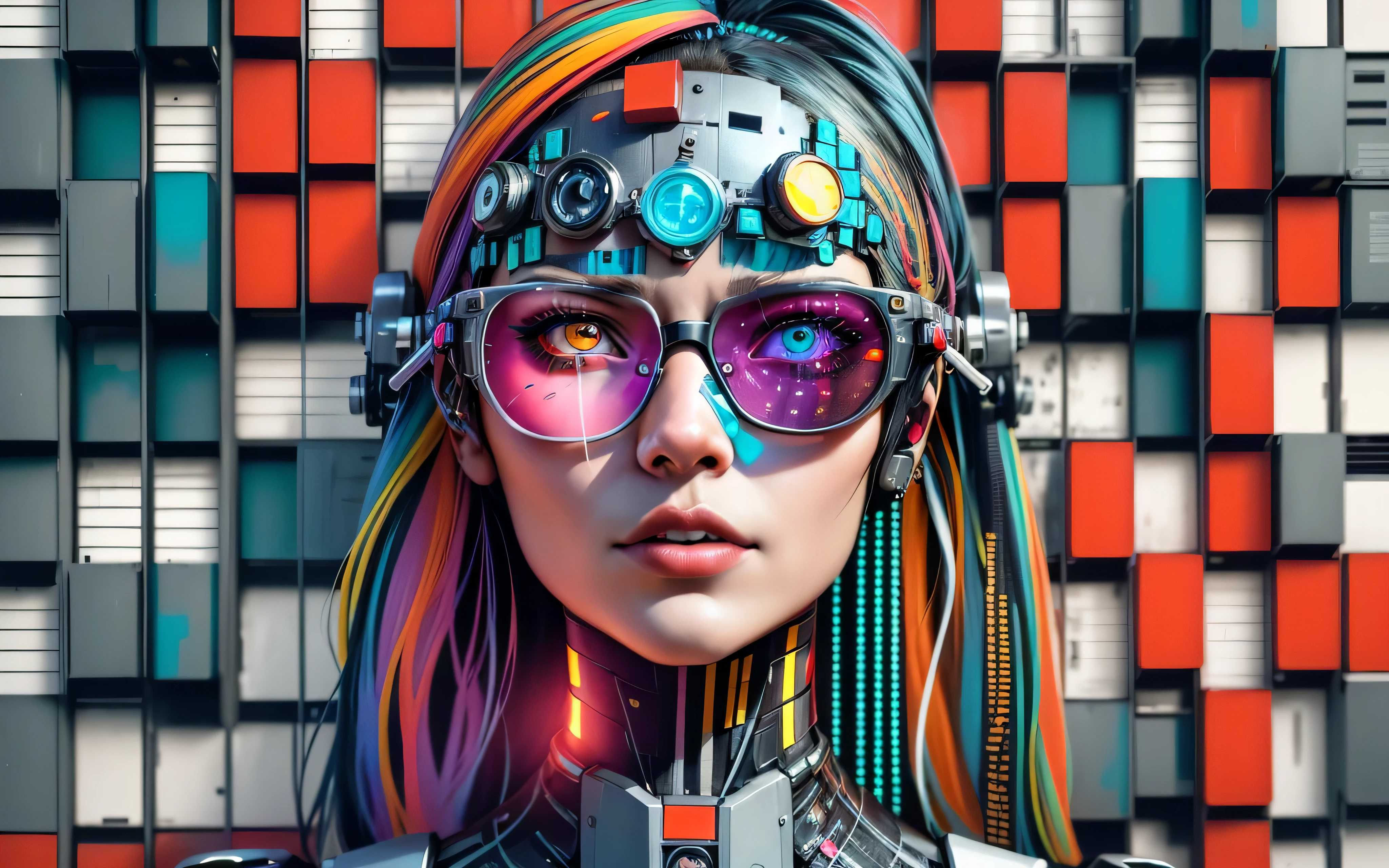 gros plan d'une femme portant une coiffe colorée et des lunettes, Cyborg - Fille, fille cyborg, Femme cyborg, Beau visage de fille cyberpunk, portrait d&#39;un cyborg, fille robot, visage cyberpunk, femme cyberpunk, art cyberpunk numérique avancé, le portrait de fille cyberpunk, cyberpunk Mona Lisa, transhumain complexe, portrait d&#39;un robot futuriste, un cyborg cyberpunk adolescent