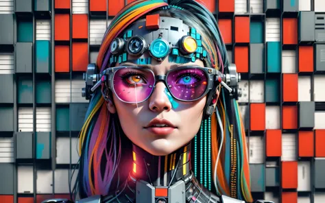 a close up of a woman with a colorful headpiece and glasses, cyborg - girl, cyborg girl, cyborg woman, beautiful cyberpunk girl ...