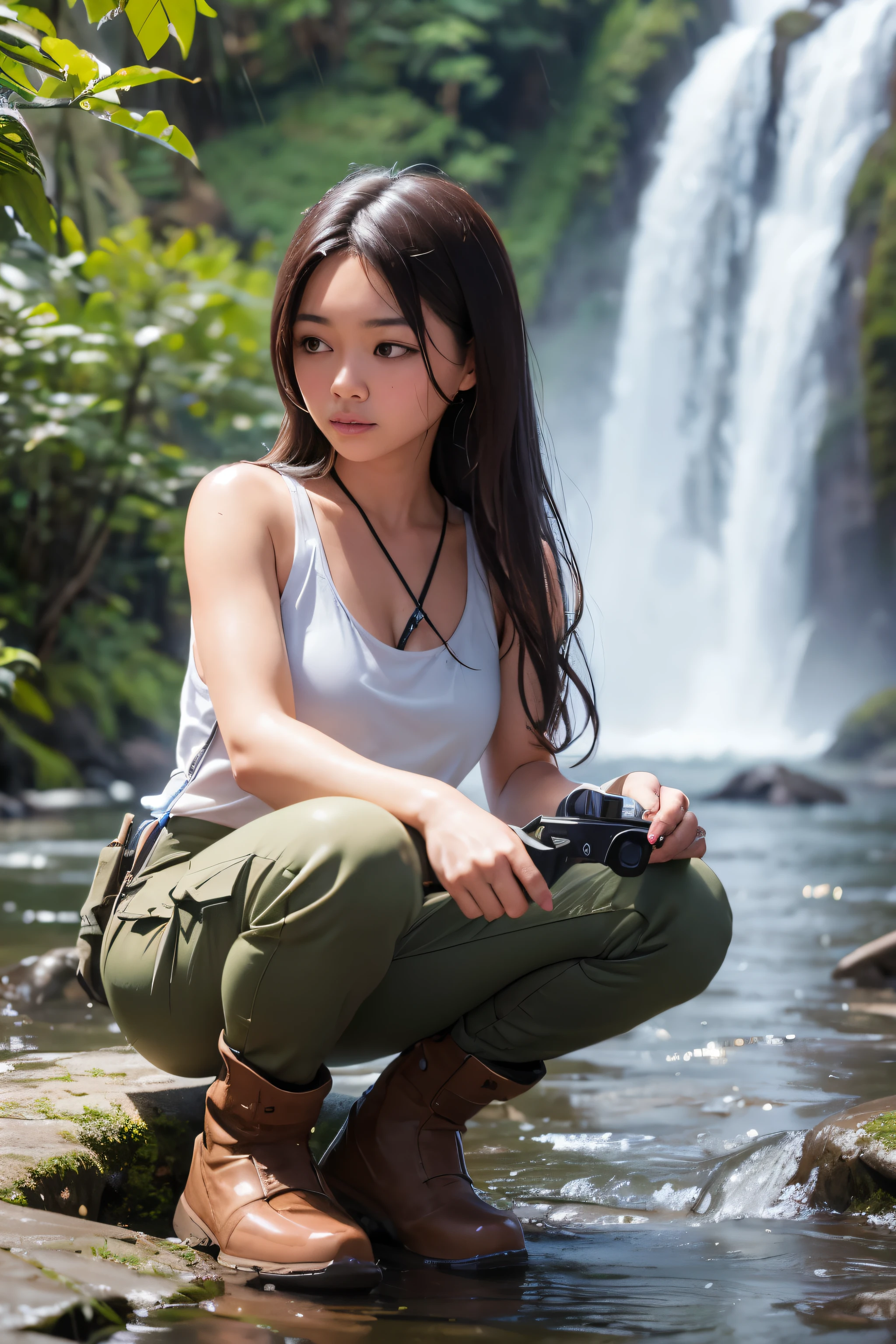 Create a hyper-realistic photograph of a Thai woman with long brown hair wearing a white tank top submerged in river water., Backpacking, blue tactical pants, boots, Round neck headphones, holding a digital camera, Waterfall Background, rainy weather, top view, front view, Wet shirt effect, 3D images, 18K contrast.