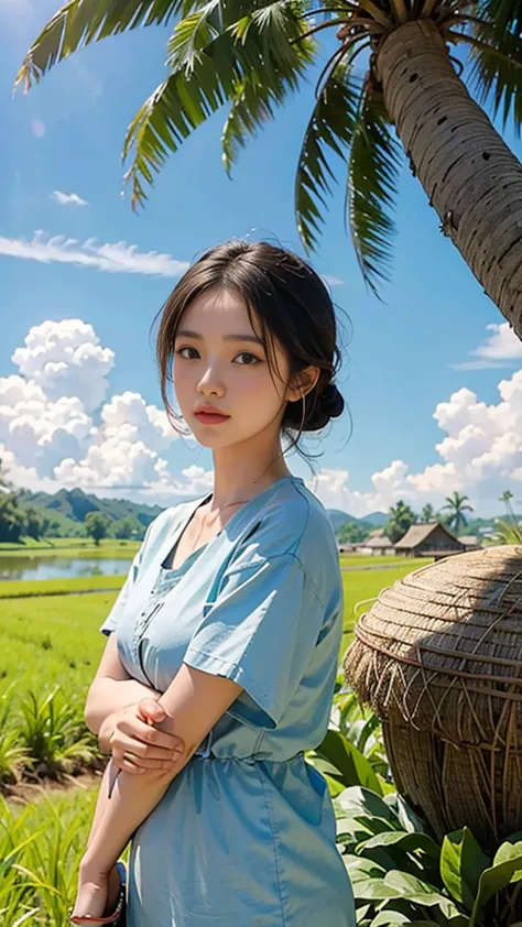 girl in rice fiels,blue sky and coconut tree