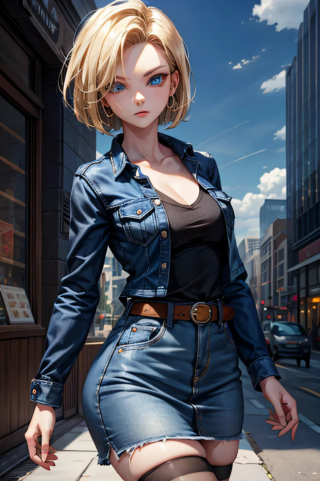 android 18, android 18, blonde hair, blue eyes, eyelash, hoop earrings, short hair, earrings, break belt, black legwear, black shirt, breast pocket, cleavage, clavicle, denim, denim skirt, high-waist skirt, jewelry, long sleeve, pocket, shirt, shirt tucked in, skirt, striped, striped sleeves, waistcoat,, break outdoors, city, null, cloud, sun, break looking at viewer, (cowboy shot:1.5), break (masterpiece:1.2), highest quality, High resolution, unity 8k wallpaper, (shape:0.8), (beautiful and detailed eyes:1.6), highly detailed face, perfect lighting, Very detailed CG, (perfect hands, perfect anatomy)