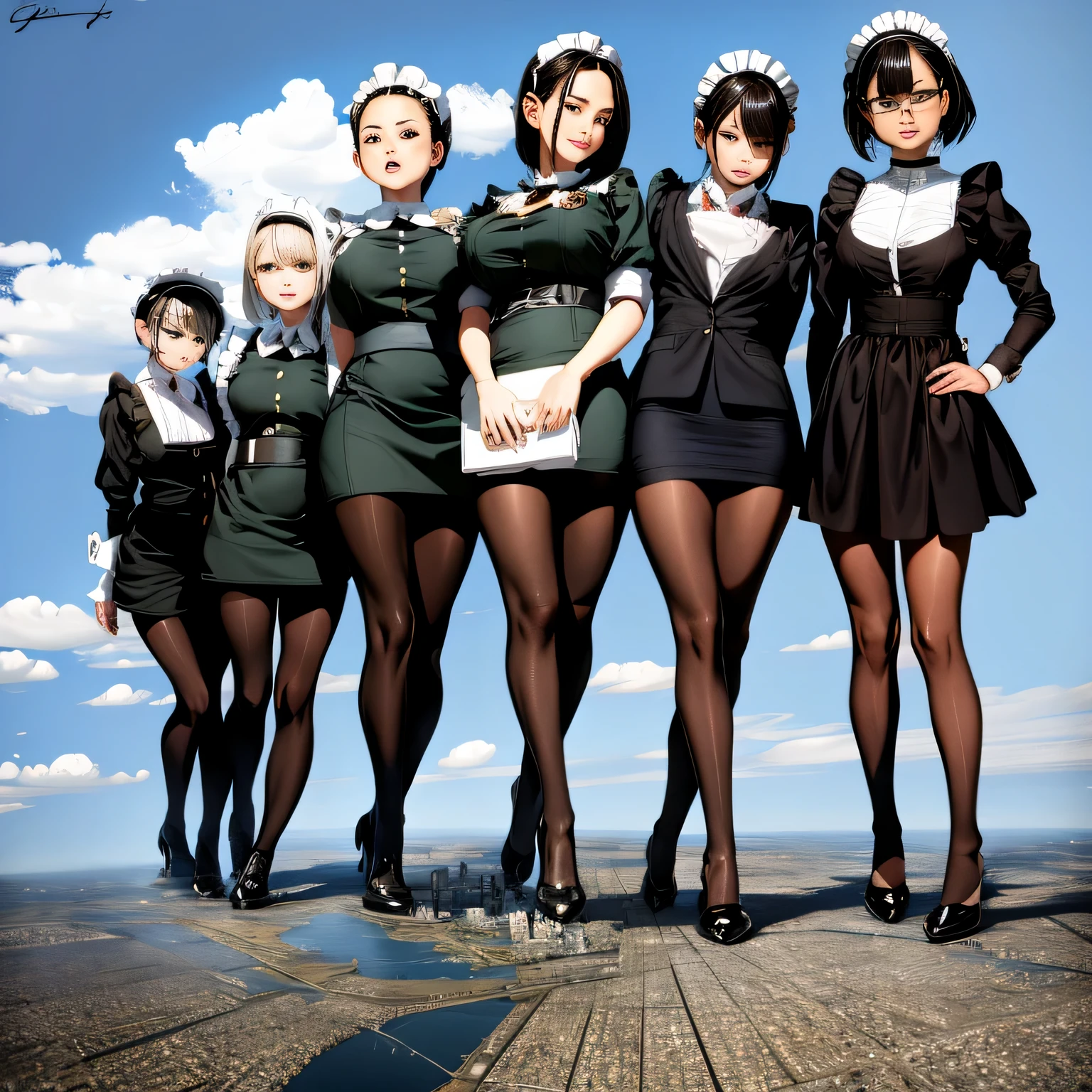 multiple girls, Giantの芸術, 非常に詳細なGiantショット, Giant, short hair, A maid that is much bigger than a skyscraper, wearing rimless glasses, big breasts, big ass, navy maid uniform, black pantyhose, black shoes, very small metropolis, miniature metropolis, crush the big city, A city engulfed in flames, full body description, ＧＴＳ, ギガGiant, Stomping City, crash city, Small town, micro city, maid, 