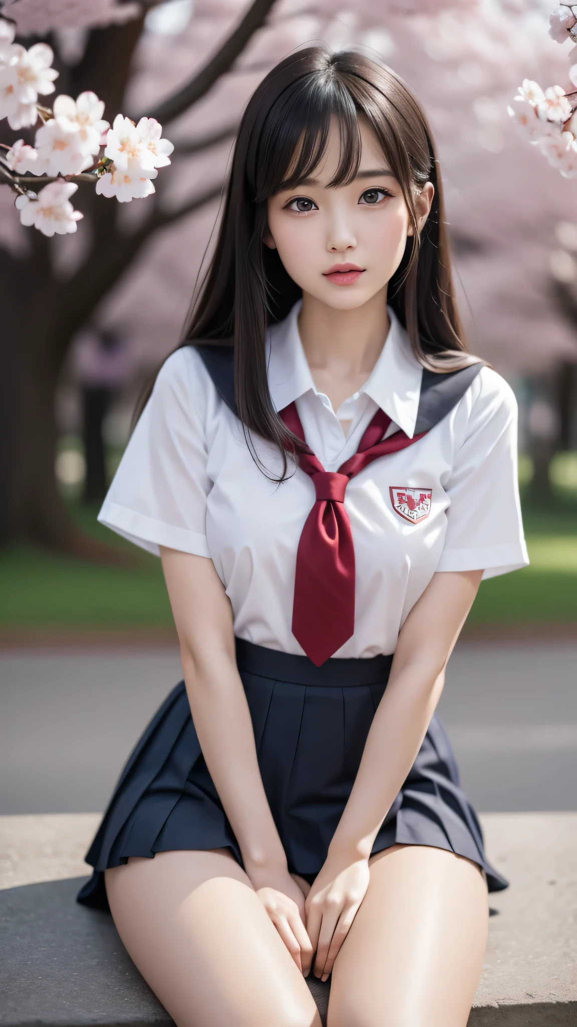 (1 girl), wonderful face and eyes, (big round eyes:1.15), (Highly detailed beautiful face), (school uniform, pleated mini skirt:1.3), (school uniform with open breasts), (highest quality:1.4), (super detailed), (surreal, realistic:1.37), fair skin, Highly detailed CG integrated 8k wallpaper, RAW photo, professional photos, cinematic lighting, sitting, spread your legs wide, look at me, (Cherry blossom wallpaper), 