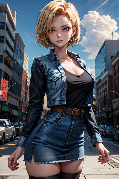 android 18, android 18, blonde hair, blue eyes, eyelash, hoop earrings, short hair, earrings, break belt, black legwear, black s...