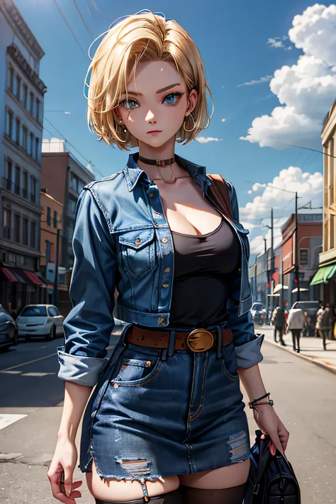 android 18, android 18, blonde hair, blue eyes, eyelash, hoop earrings, short hair, earrings, break belt, black legwear, black s...