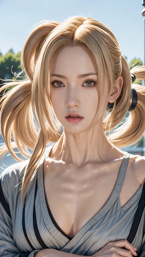 a close up of a woman with long blonde hair and a gray top, tsunade from naruto, from naruto, haruno sakura, as an anime charact...