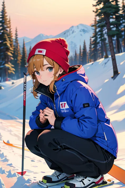 skiers、beautiful mature woman、squat