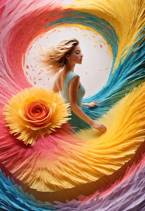 colorful shredded paper like a rose, a golden cave, spin wildly in the vortex,,alyssa lazer (aliza razell) style, beautiful deta...