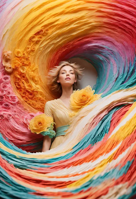 Colorful shredded paper like a rose, a golden cave, Spin wildly in the vortex,,Alyssa Lazer (Aliza Razell) style, beautiful deta...