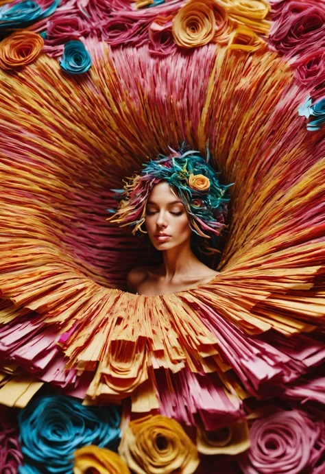 Colorful shredded paper like a rose, a golden cave, Spin wildly in the vortex,,Alyssa Lazer (Aliza Razell) style, beautiful details