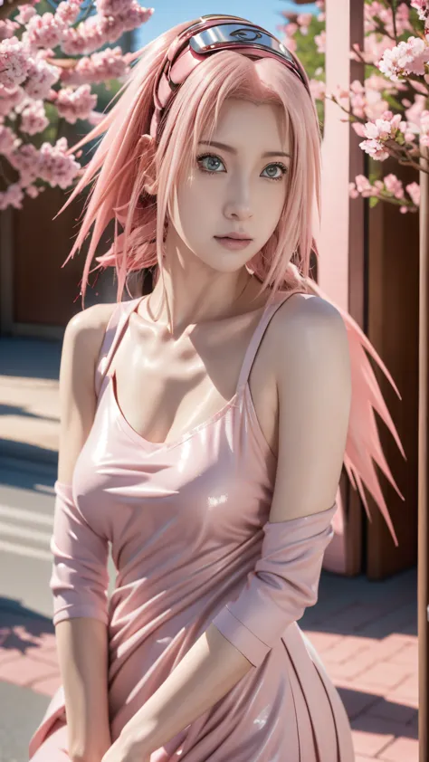 anime girl with pink hair and pink dress posing for a picture, haruno sakura, sakura haruno, seductive anime girl, cushart krenz...