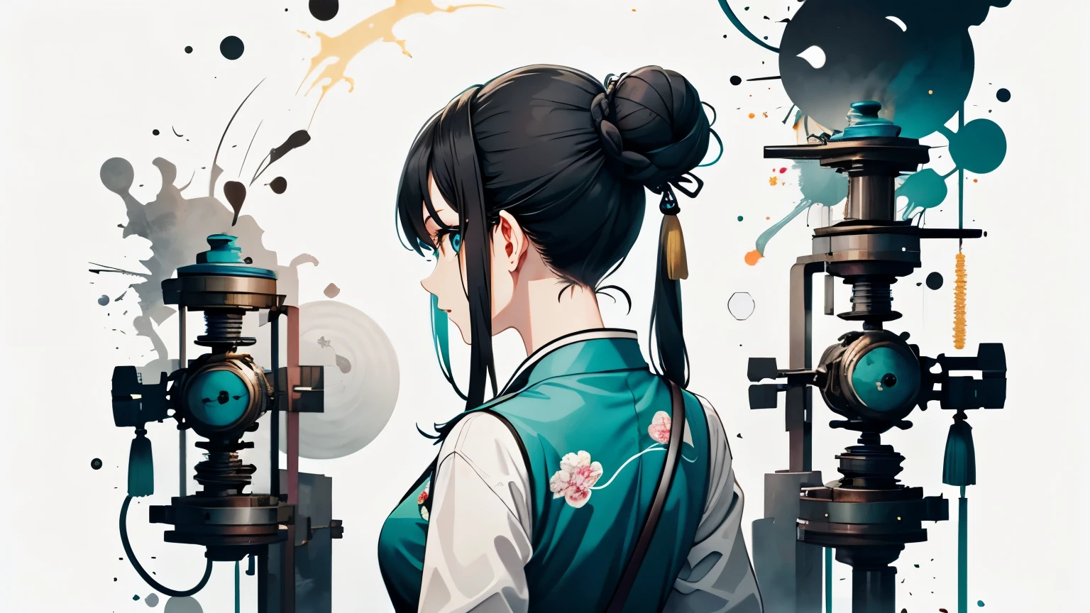 illustration of girl in scientist laboratory, interior, black hair, facing away, back turned, beakers, tools, equipment, Chinese dress, qipao, experimenting, turquoise eyes, black hair, tied hair, bun, biology, ink smudges, inky, abstract, Chinese aesthetic, Absurd, high resolution, ultra-detailed, (1 girl:1.3),