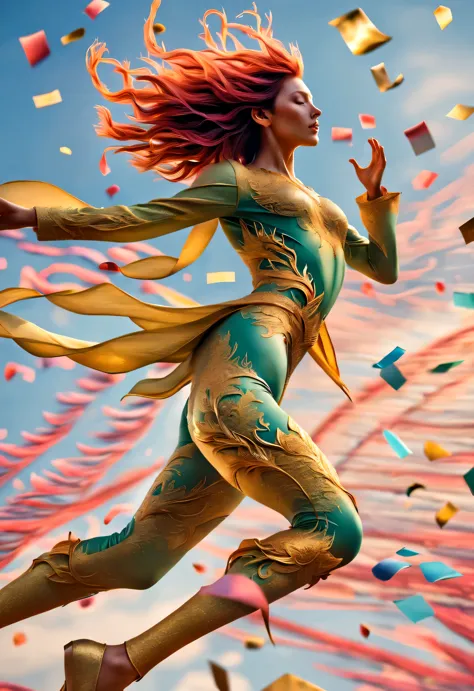 (Golden dragon flying on huge confetti），Confetti flying like the wind，Alyssa Lazer (Aliza Razell) style, beautiful details, beau...