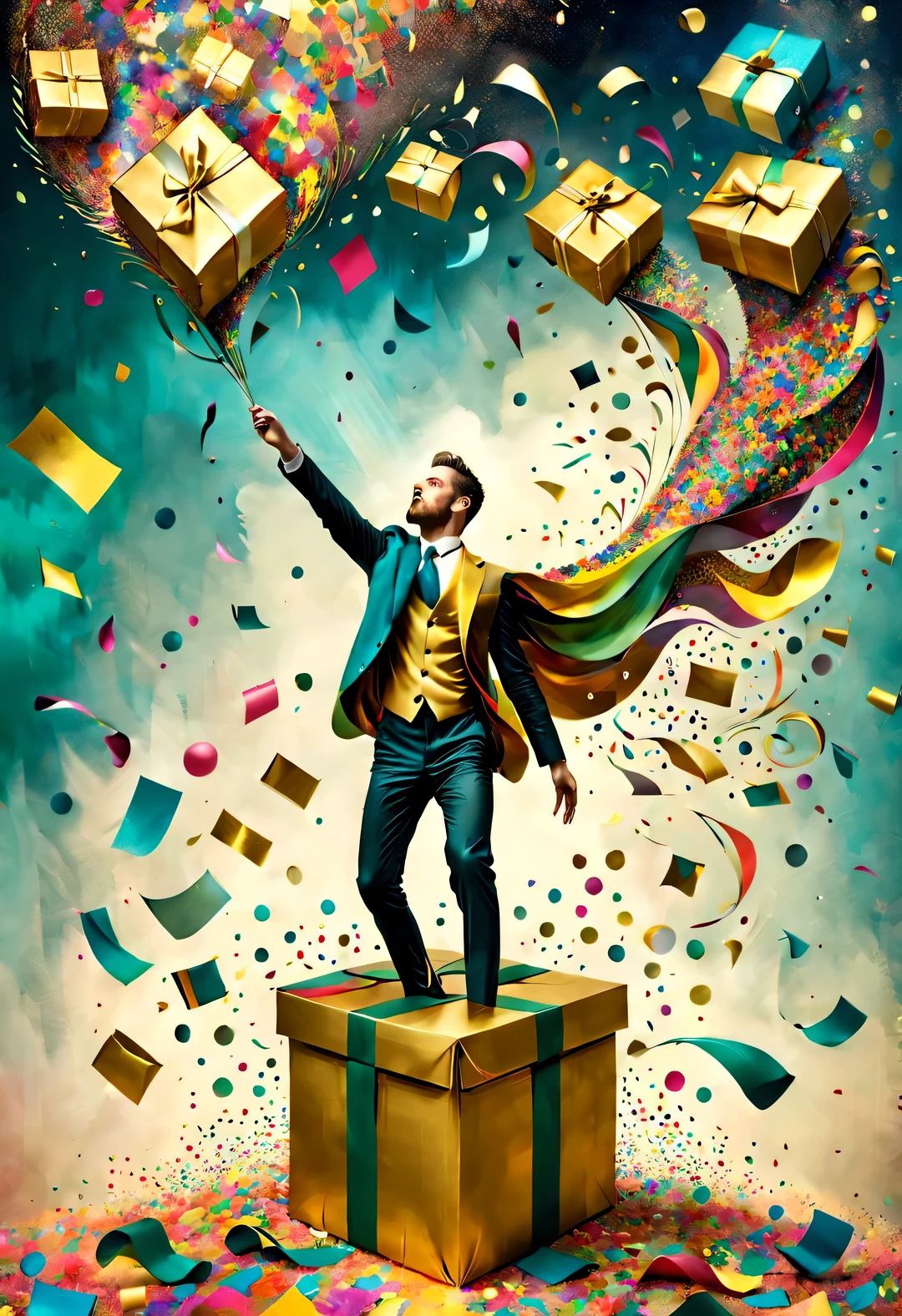 (Confetti is fired from a super giant golden gift box：1.37），Colorful confetti flies in the air like a strong wind，in the style of christian schlow, beautiful details，Long range shooting，whole body，elevation angle，The art of paper，