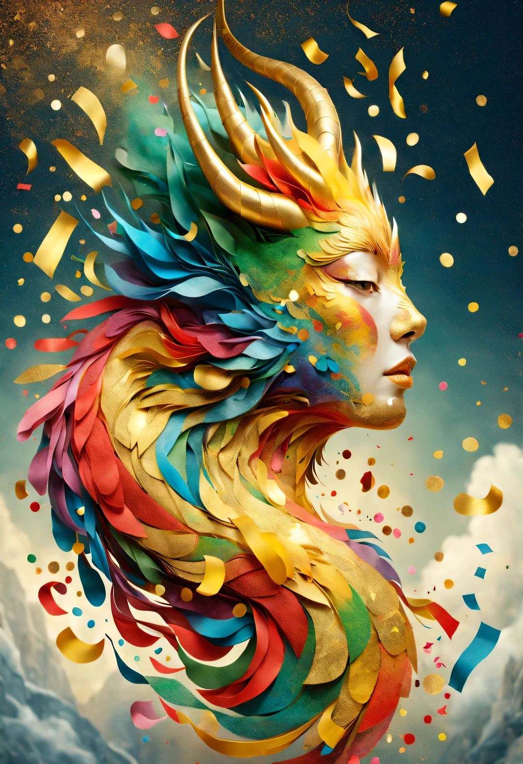 (Confetti fired by giant golden dragon），狂风般飞舞的Confetti in five colors，Confetti in five colors，in the style of christian schlow, beautiful details，Long range shooting，whole body，elevation angle，The art of paper，