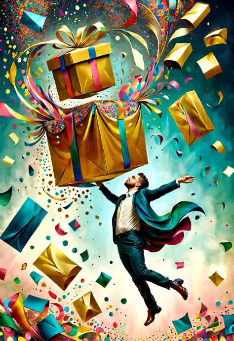 (Confetti is fired from a super giant golden gift box：1.37），Colorful confetti flies in the air like a strong wind，in the style o...