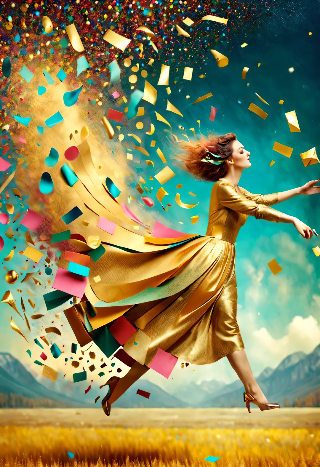 (Confetti fired from a giant golden gift box），Confetti flying like the wind，in the style of christian schlow, beautiful details，Long range shooting，whole body，elevation angle，The art of paper，