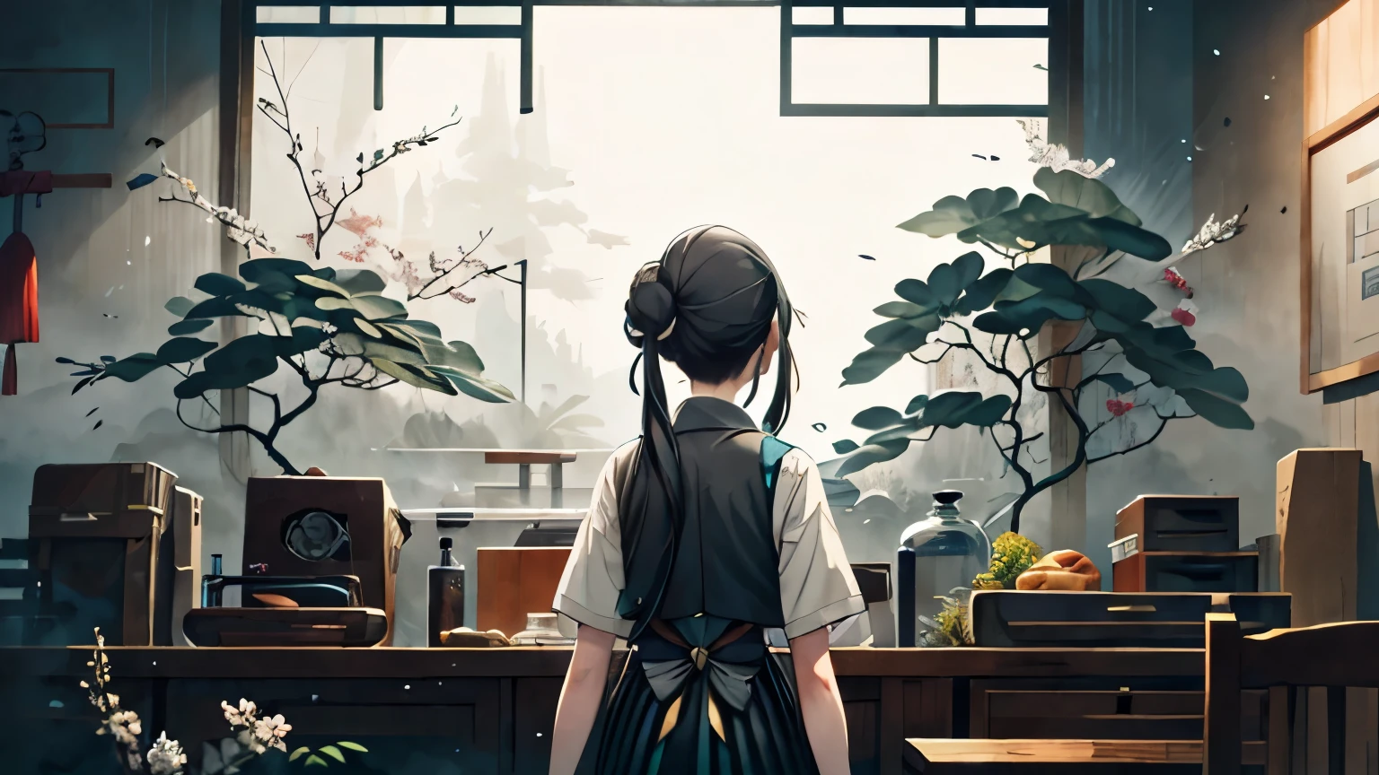 illustration of girl in scientist laboratory, interior, black hair, beakers, tools, facing away, back turned, sad expression, thinking expression, raining, mourning, equipment, not looking at camera, upper body, Chinese dress, qipao, turquoise eyes, black hair, tied hair, bun, biology, ink smudges, inky, abstract, Chinese aesthetic, Absurd, high resolution, ultra-detailed, (1 girl:1.3),