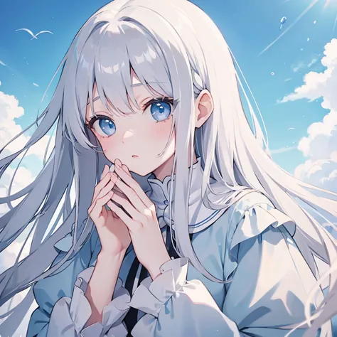 girl、long gray hair、princess cut、light blue eyes、angel、beautiful appearance、cat face、fair skin、drooping eyes、sky