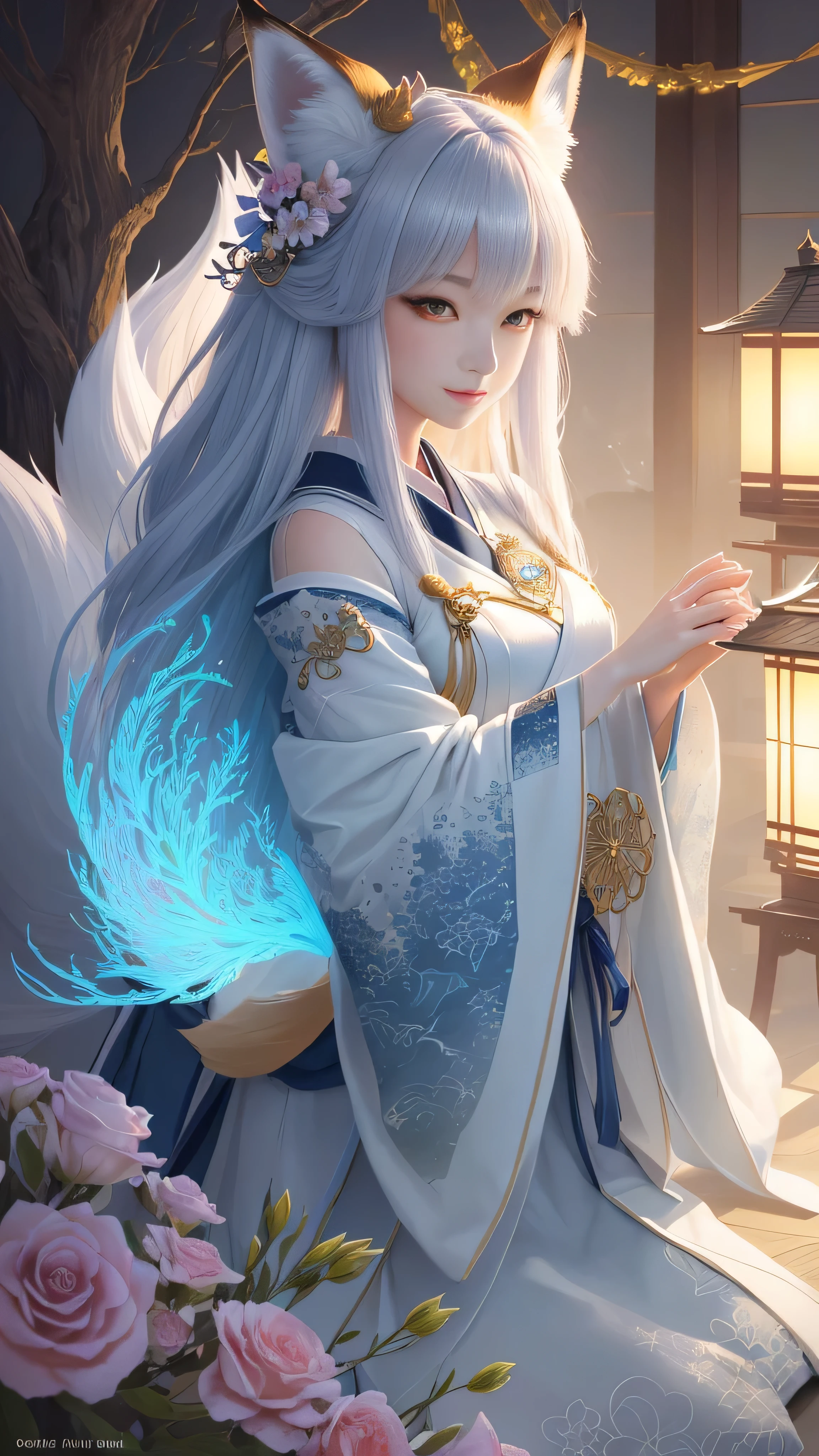 masterpiece , highest quality, close, masterpiece, beautiful details, colorful, delicate details, delicate lips, intricate details, genuine, ultrargenuineista, Girl with multicolored haired fox sitting on a branch:cute, light makeup, ,Colorful Fox, Raposa the Nine Tails, Three tails fox, Three tails fox, Onmyoji detailed art, beautiful fine art illustration, mythical creatures, Fox, beautiful digital art,shrine maiden,japanese architecture,Holding hands,exquisite digital illustration, mizutsune, Inspired by mythical wild nest creatures, pixiv in digital art, dazzling light, high contrast, Mysterious,Girl with multicolored haired fox sitting on a branch,front,look at the camera