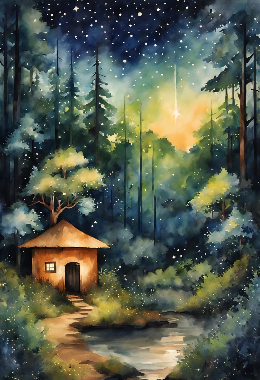 (melhor qualidade, obra de arte aguarela ) uma floresta com um campo estrelado com estrelas cadentes de noite estilo aquarela ( com estrelas e uma estrela cadente , no ceu norturno em uma floresta )