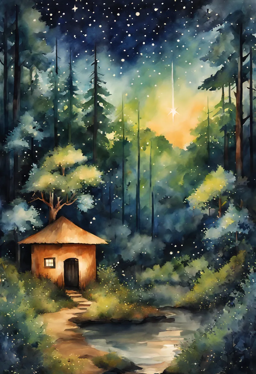 (melhor qualidade, obra de arte aguarela ) uma floresta com um campo estrelado com estrelas cadentes de noite estilo aquarela ( ...