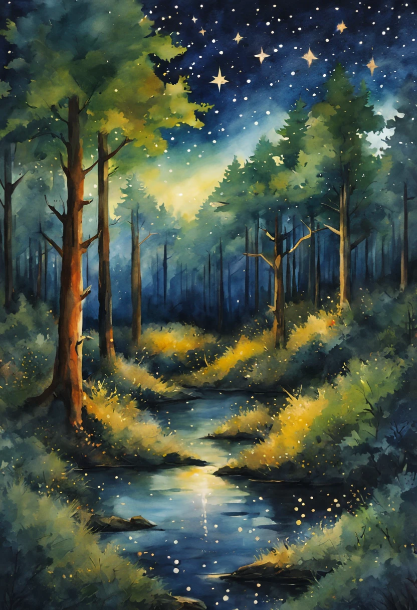(より良い品質, 水彩画 ) 水彩風の夜流れ星のある星空のある森 ( 星と流れ星と一緒に , 森の夜空に )