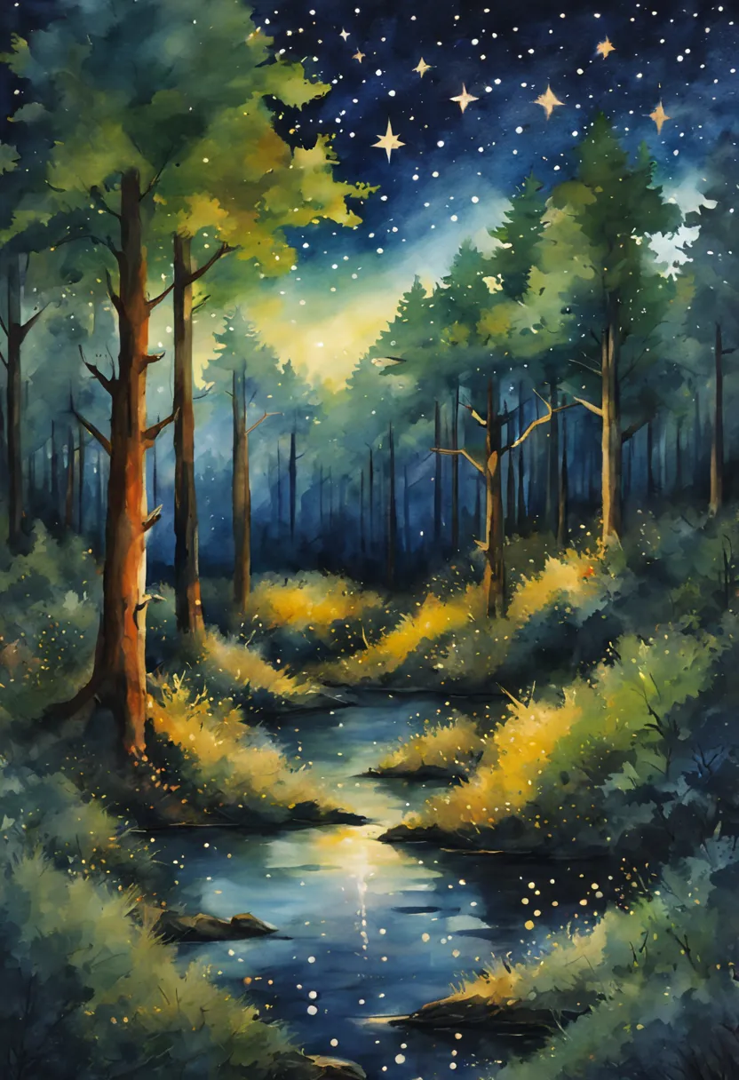 (melhor qualidade, obra de arte aguarela ) uma floresta com um campo estrelado com estrelas cadentes de noite estilo aquarela ( ...