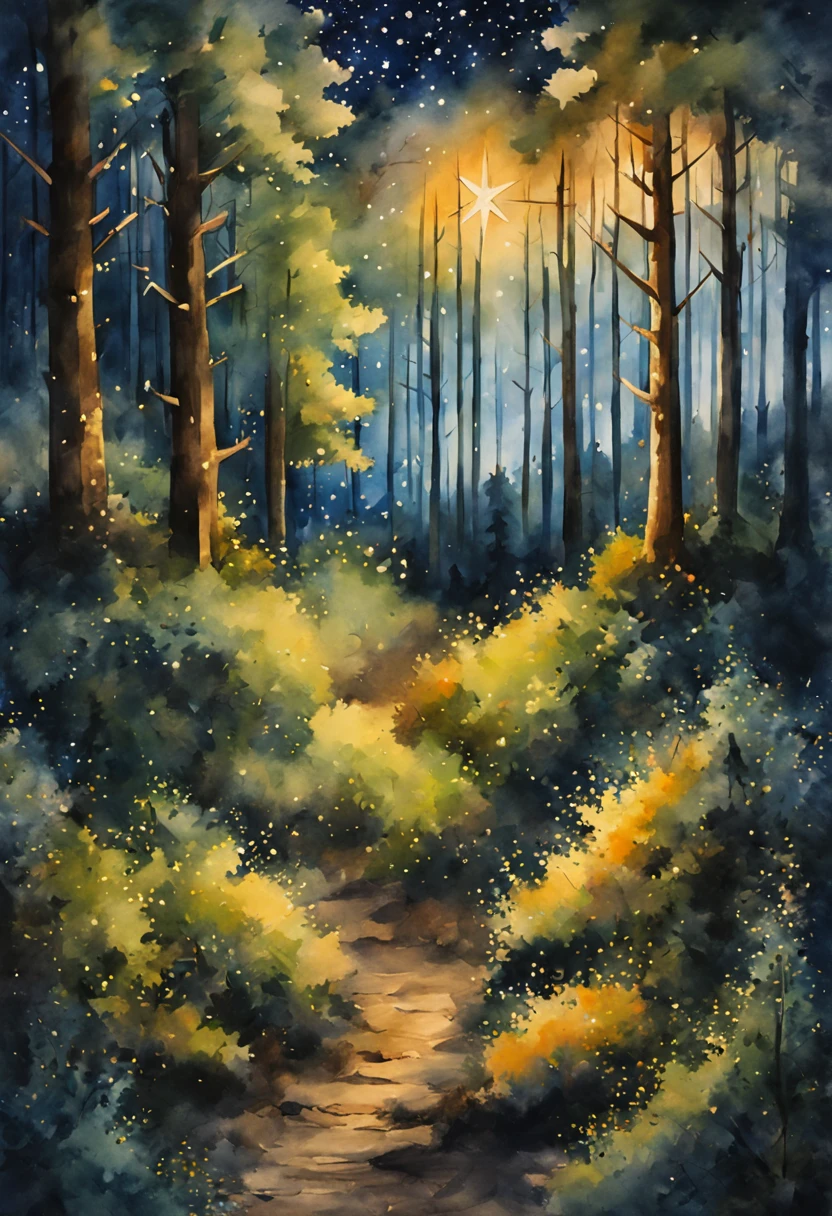 (melhor qualidade, obra de arte aguarela ) uma floresta com um campo estrelado com estrelas cadentes de noite estilo aquarela ( com estrelas e uma estrela cadente , no ceu norturno em uma floresta )