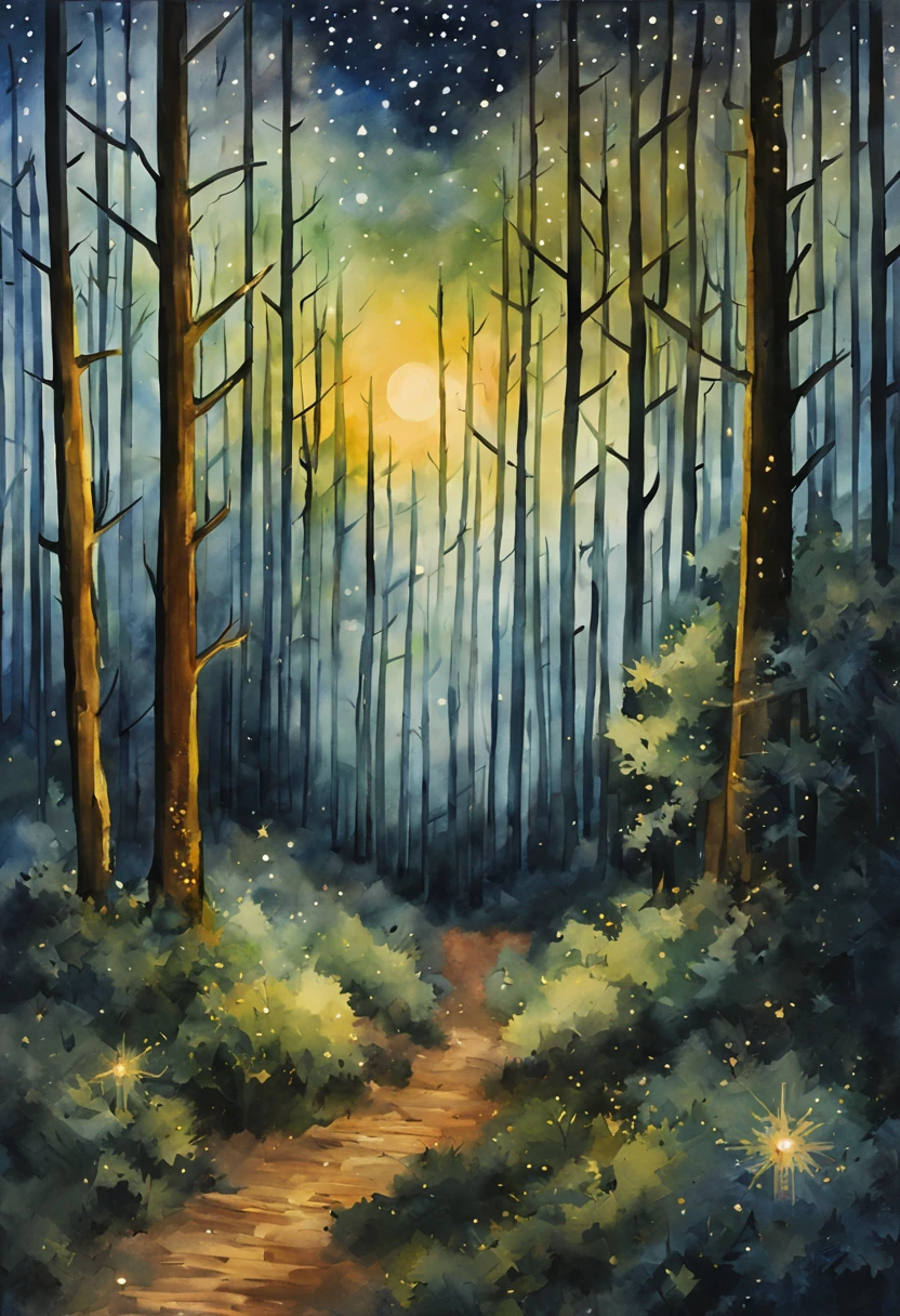 (meilleure qualité, aquarelle ) une forêt avec un champ étoilé avec des étoiles filantes de nuit de style aquarelle ( avec des étoiles et une étoile filante , dans le ciel nocturne dans une forêt )