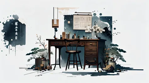 illustration of laboratory, ink smudges, painted aesthetic, science, biology, life, equations, chemicals, beakers, realistic, in...