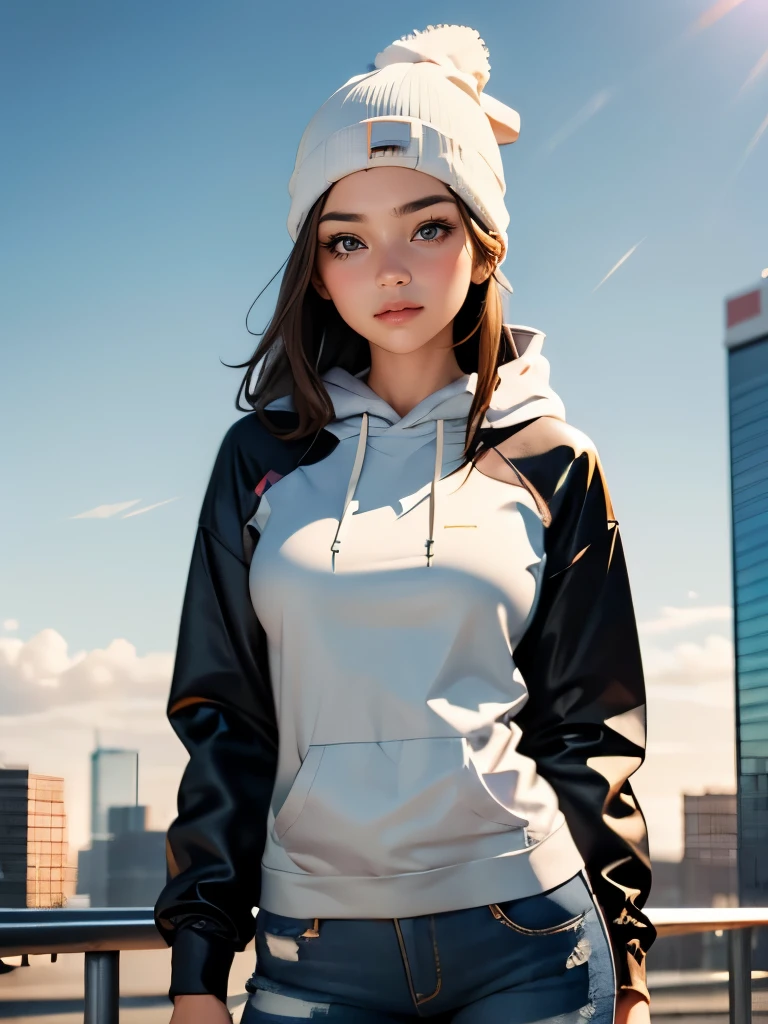 (((HD photo))), ultra high res.photorealistic:. 1.4, UHD, masterpiece, trending on artstation, upper body shot, pretty, cute girl, most beautiful in the world, perfect hips, soft, delicate, long dark hair, slim body, large breasts, wearing black beanie::1.2, wearing grey hoodie::1.5, wearing blue jeans::1.2, sunkissed, morning city background