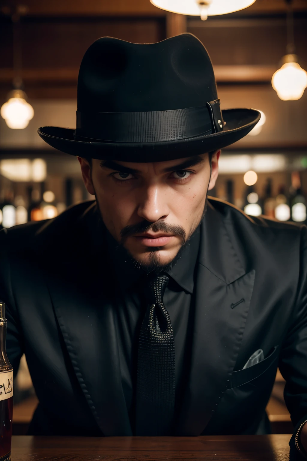 Huge man, gangster, black hat with brim in the style of the 30s, strict black suit, in an old bar, threatens , eye contact, looks at the viewer, masterpiece, best quality, perfect detail, perfect face detail, perfect eye detail, perfect detail  skin, depth of field, ideal lighting