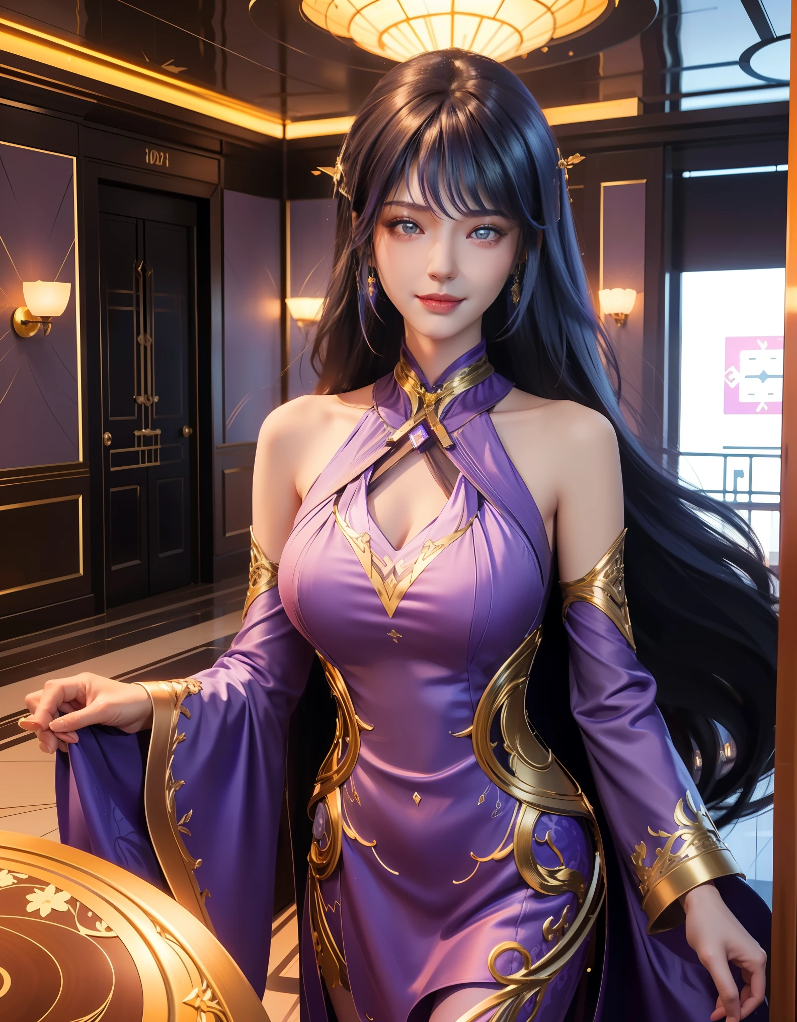 luxury hotel entrance indoors, 1lady solo mature female /(purple long hair/) bangs, blue embraided cheongsam, blush kind smile, (masterpiece best quality:1.3) delicate illustration high resolution ultra-detailed perfect face beautiful skin large breast, full body