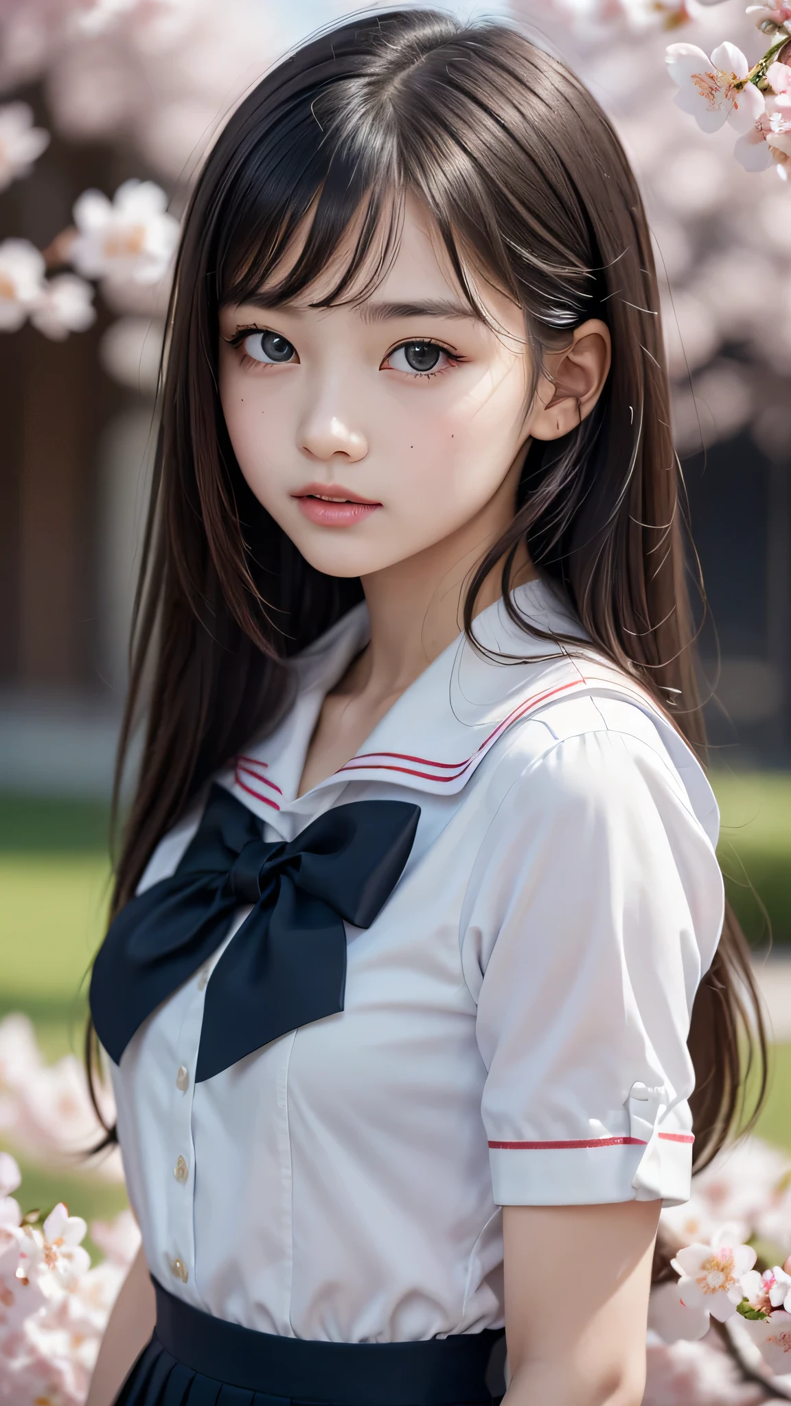 (1young girl), Amazing face and eyes, (amazingly beautiful girl), (Best Quality:1.4), (Ultra-detailed), (extremely detailed CG unified 8k wallpaper), Highly detailed, High-definition raw color photos, Professional Photography, sailor uniform, school uniform, School, Spring, cherry blossoms,