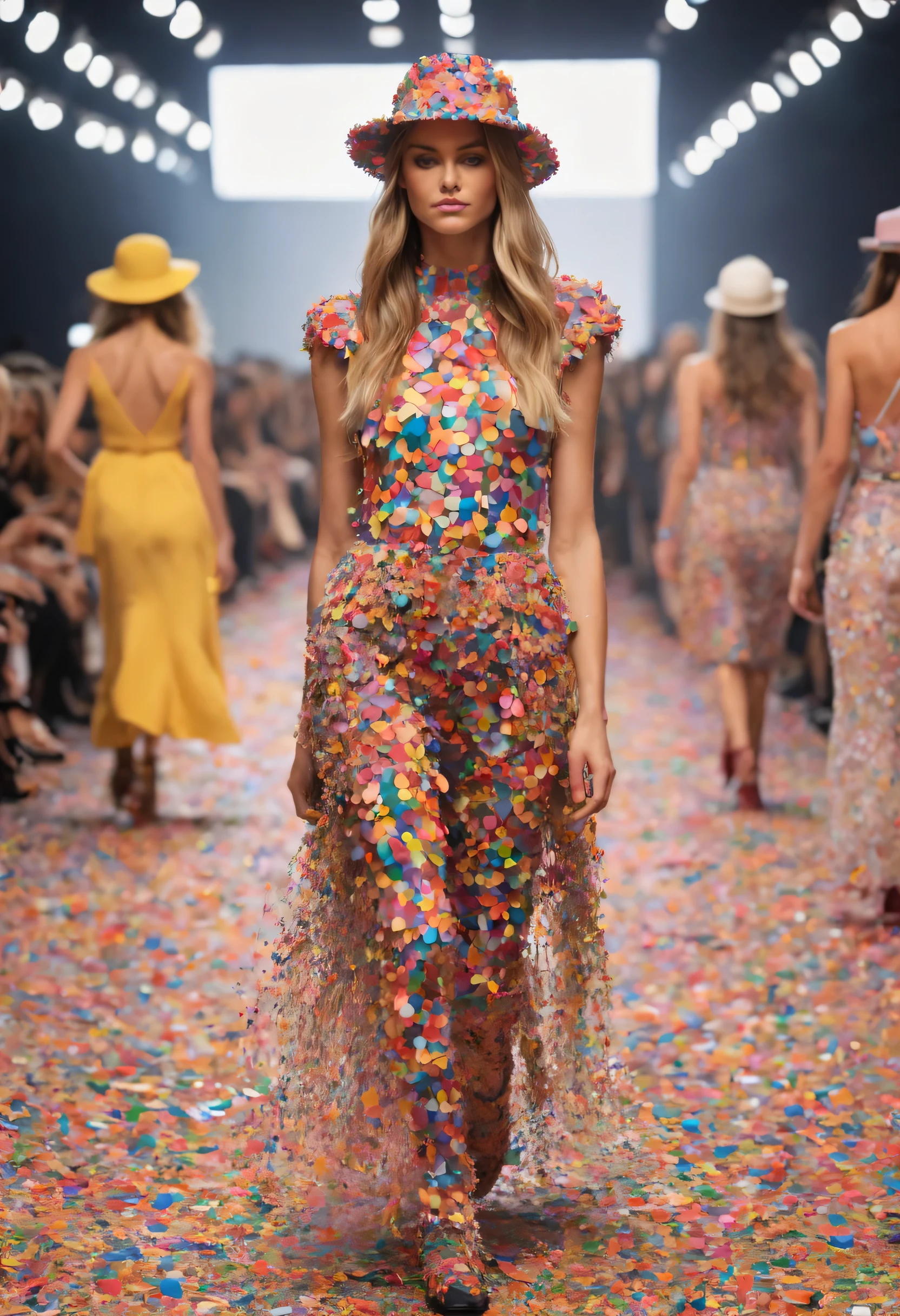 lots of colorful confetti, Beautiful women walking down the runway at a fashion show wearing clothes made of colorful confetti, confetti hat, confetti bag, And shoes made of confetti. wear