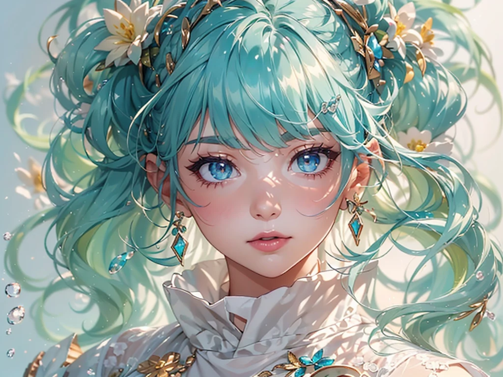 (masterpiece), (highest quality), (Super detailed), (messy hair), (figure), (one girl), (fashionable clothes), Are standing, Fashion Model, beholder, (face to face), (simple background), Fine and beautiful eyes, delicate and beautiful features, floating, (high color saturation), (Colorful splash), colorful bubble, (shine), focus on face, ponytail, light blue hair, bangs, hair ring, floating Flowers, floating Hairs, (shining), best lighting, best shadows